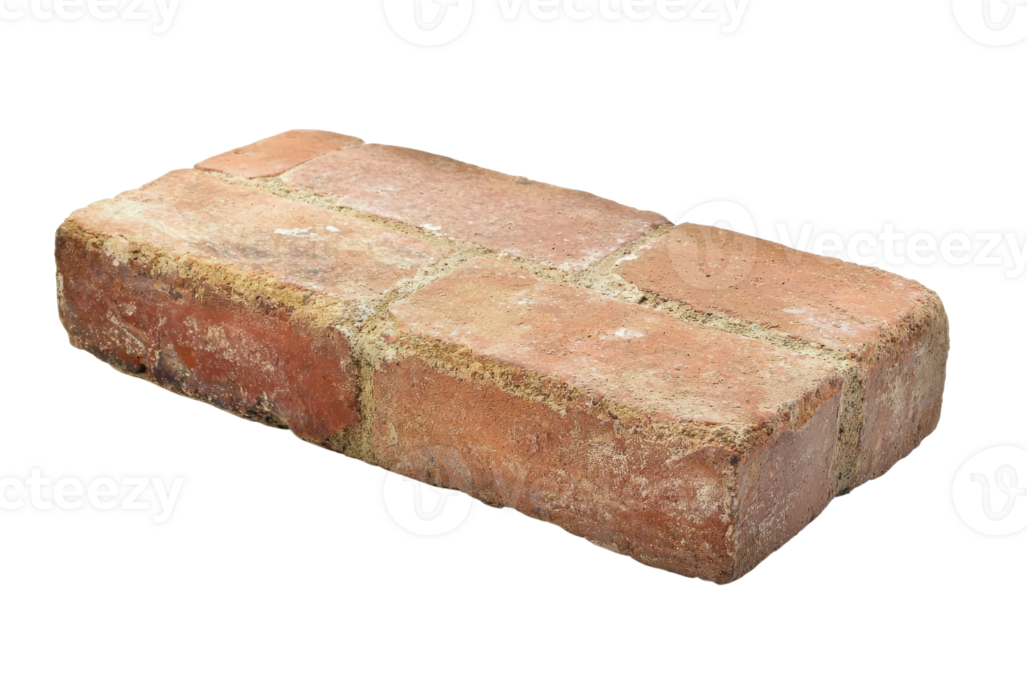 Close-up image of a single weathered red brick isolated on a transparent background. commonly used in construction and building projects. png