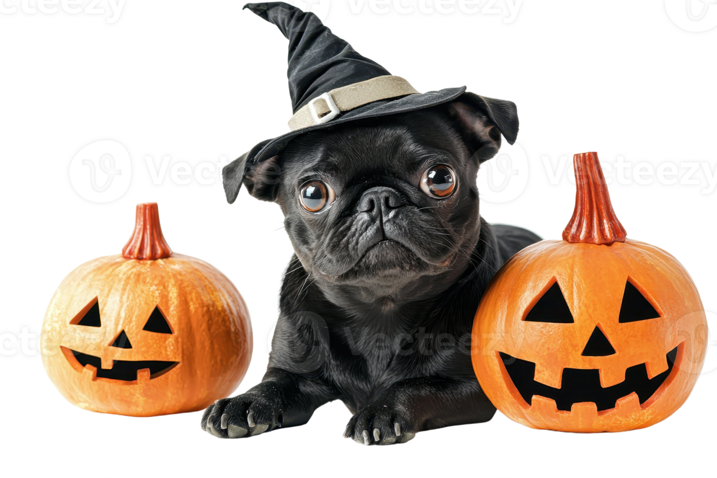 Cute black puppy in a witch hat with carved pumpkins, celebrating Halloween, isolated on transparent background. png