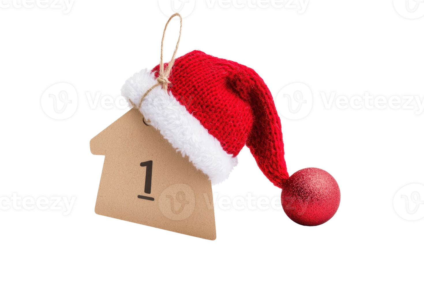 Festive Advent calendar decoration with Santa hat and house shaped tag Festive Advent calendar decoration with Santa hat and house shaped tag