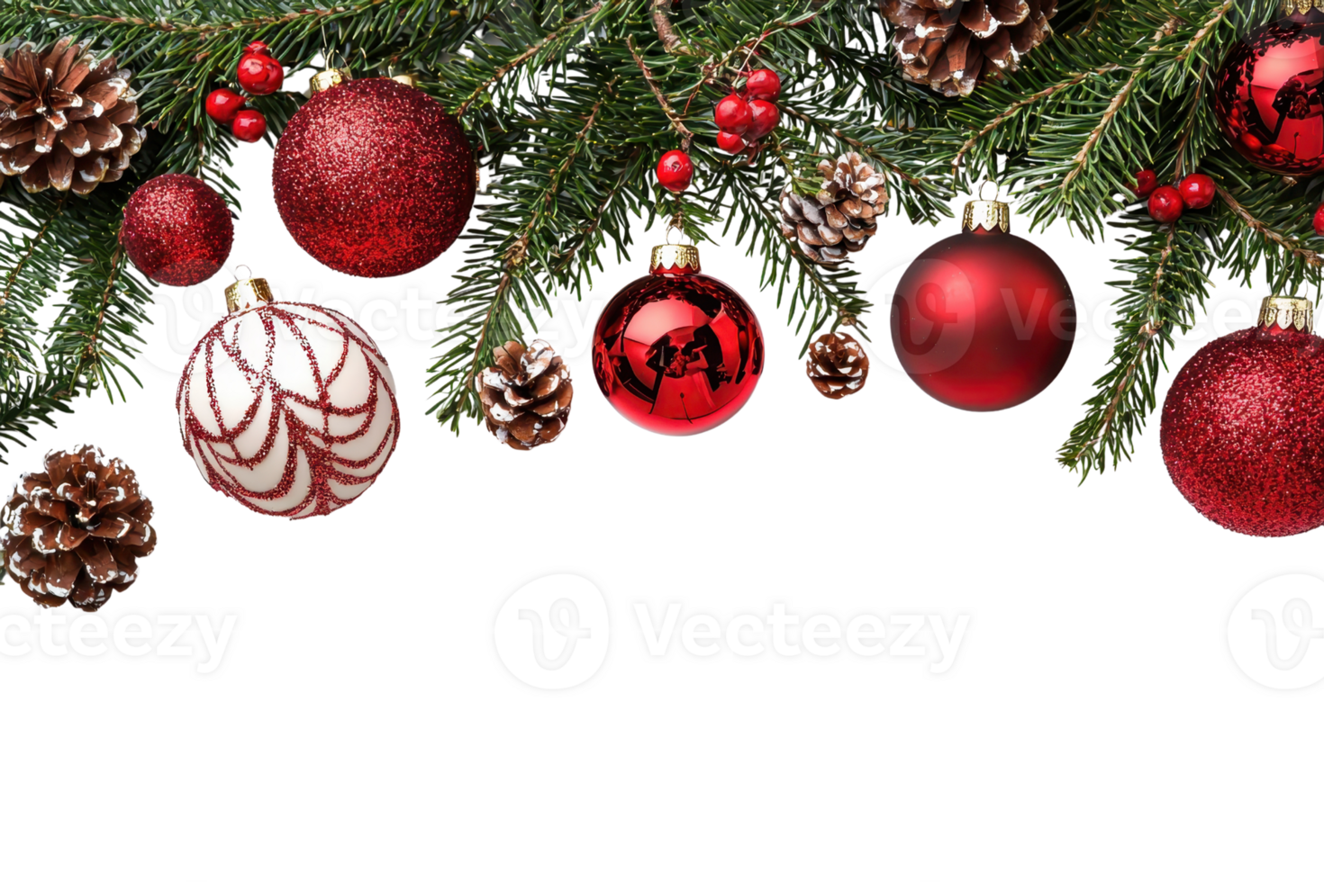 Festive Christmas decorations with red baubles and pinecones on a green fir branch, perfect for holiday-themed projects and seasonal designs. png