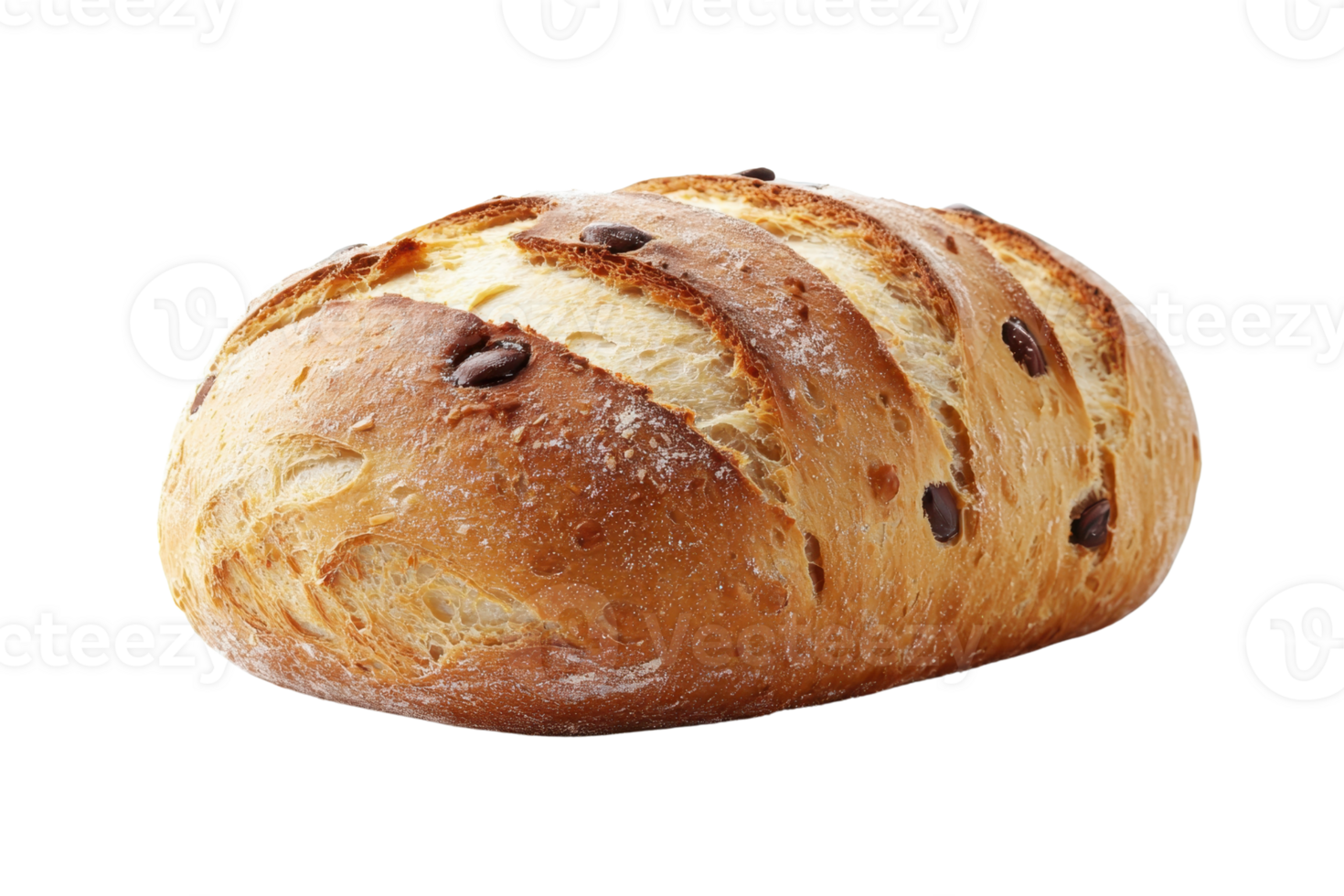 Freshly baked artisanal bread with a golden crust and chocolate chips, isolated on a transparent background. perfect for bakery-themed designs. png