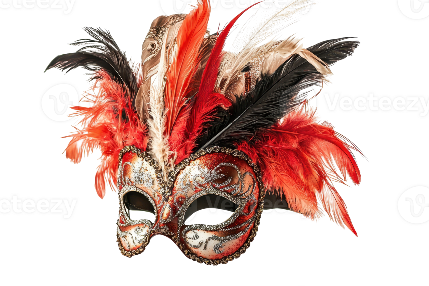 Elegant Venetian mask adorned with red and black feathers, perfect for masquerade balls, costume parties, or theatrical performances. png