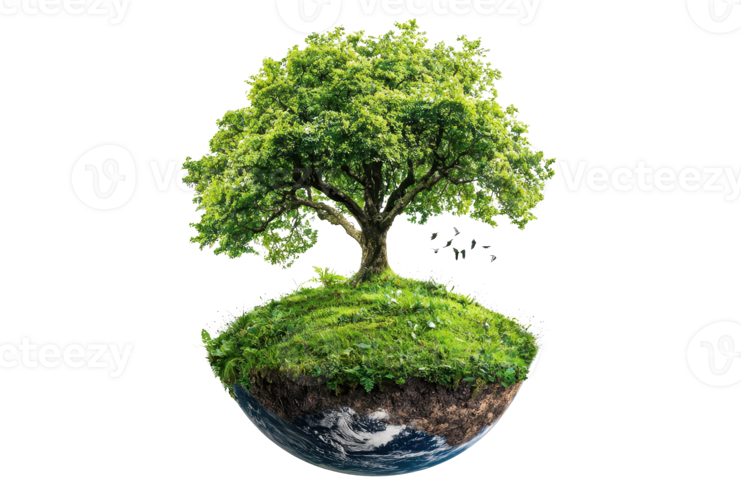 Floating island with lush green tree and foliage, symbolizing nature conservation and environmental protection. png
