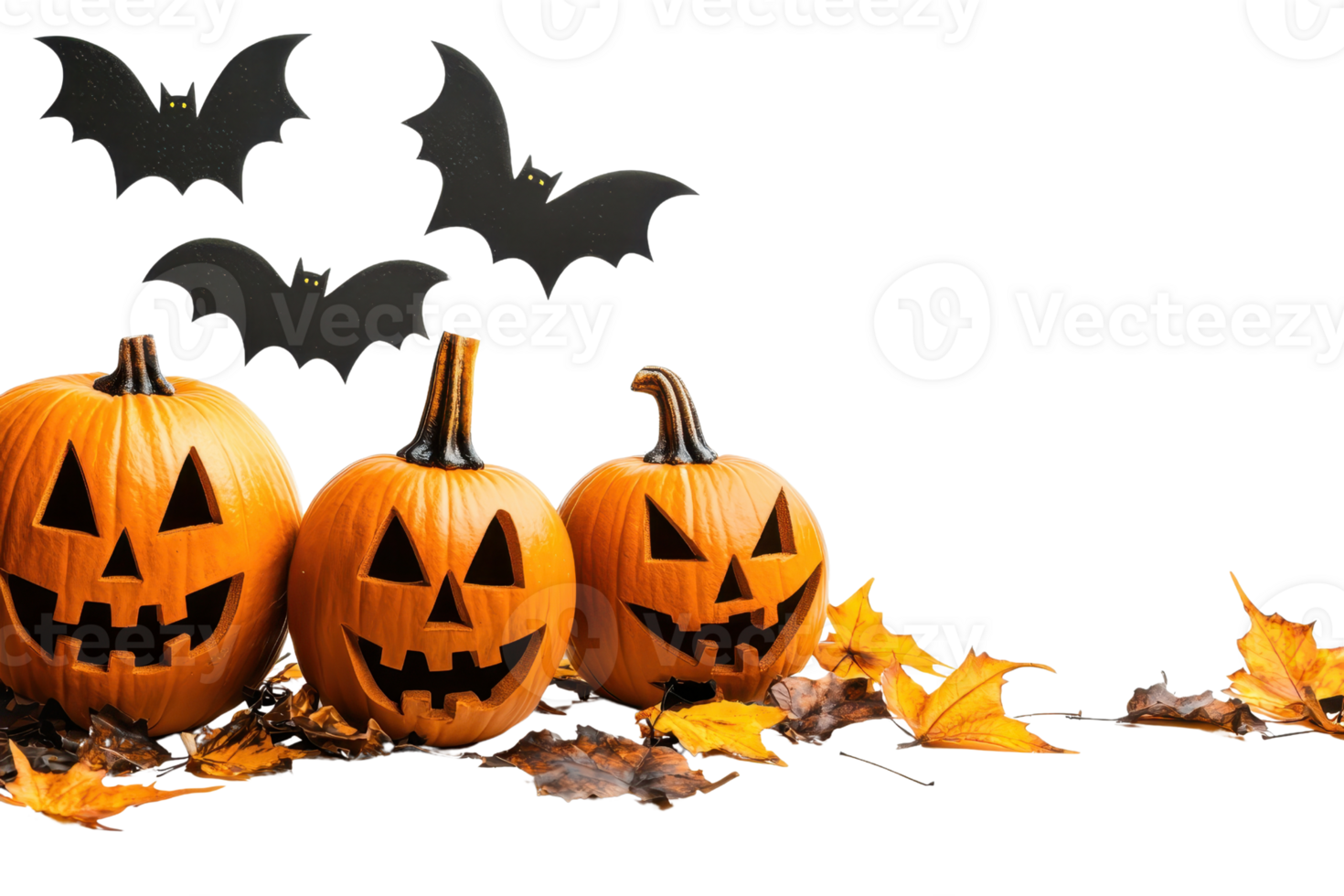 Halloween scene with carved pumpkins, autumn leaves, and bats in the background. Perfect for Halloween decorations and festive ambiance. png