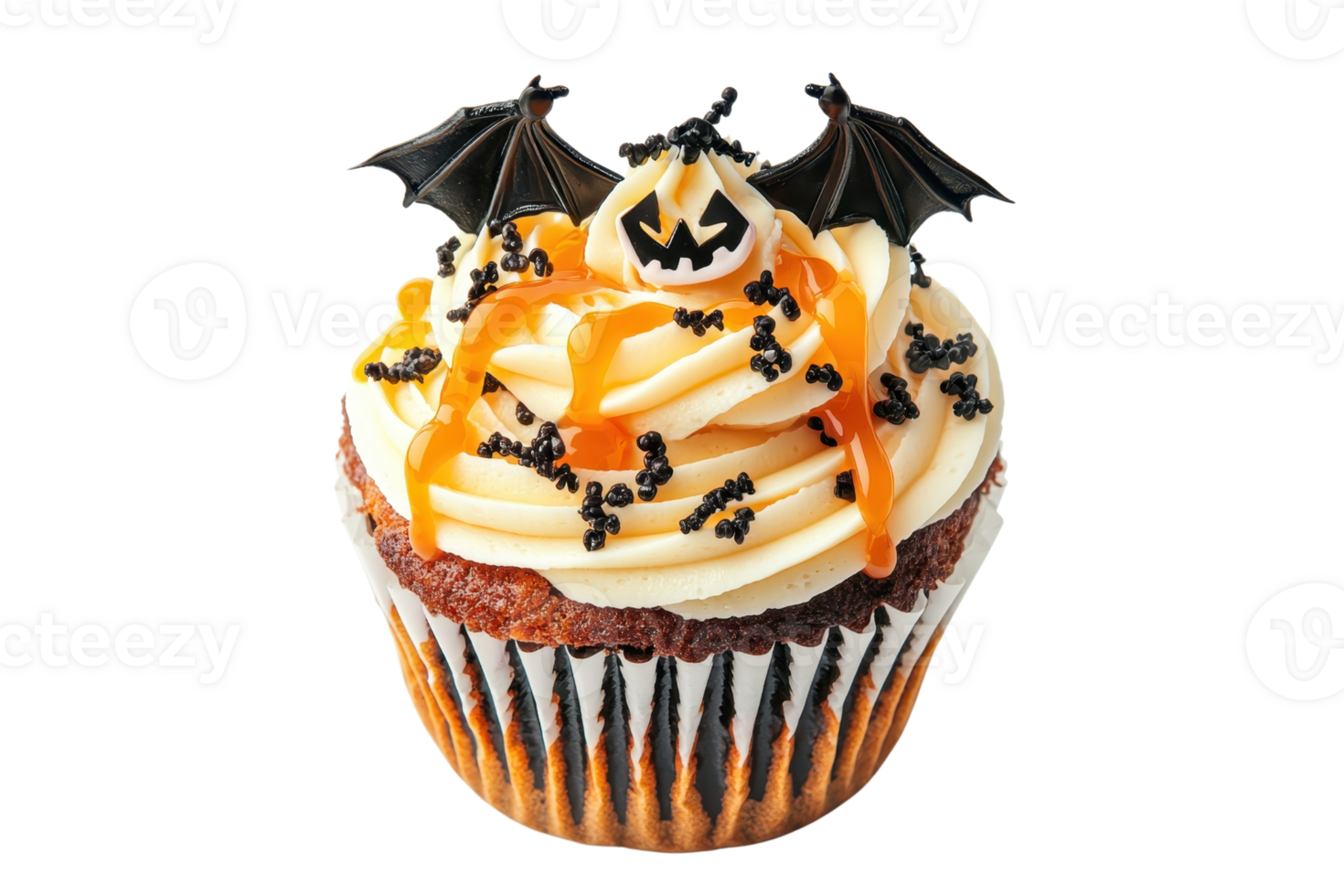 Halloween-themed cupcake with spooky decorations, topped with creamy frosting, and black bat toppers. png
