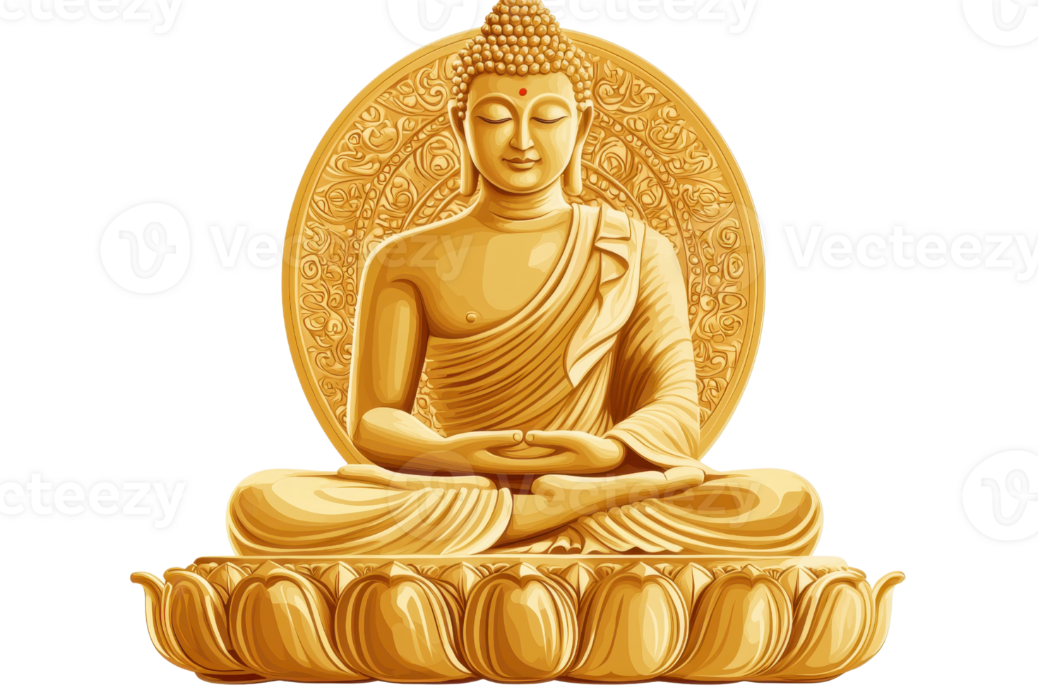 Golden Buddha statue in meditation pose, depicting serenity and spiritual enlightenment against a decorative background. png