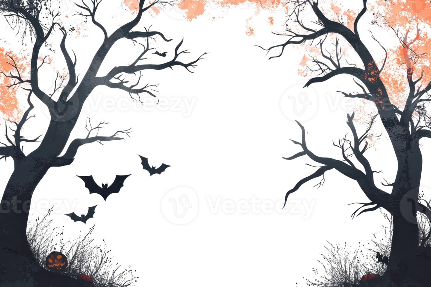 Halloween night background with spooky trees, bats, and pumpkins under an orange sky. Perfect for seasonal and holiday themes. png