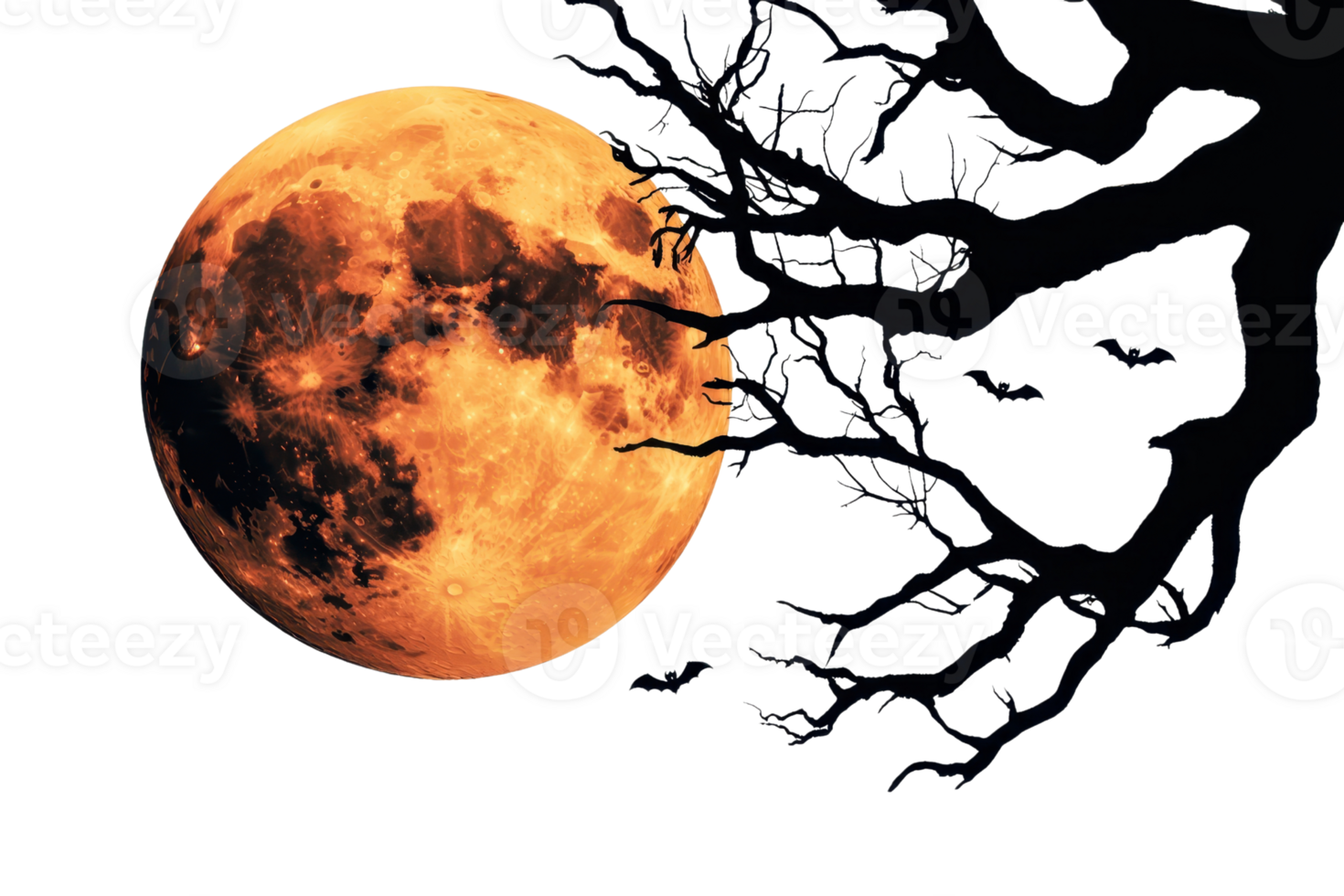 Full orange moon glowing through silhouette tree branches on a dark night. Spooky and atmospheric scene. png
