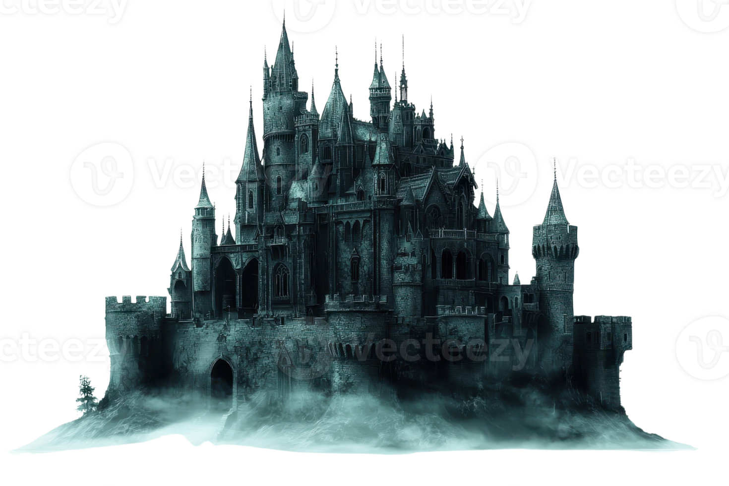 Gothic dark castle surrounded by fog, perfect for fantasy and horror themes. High-resolution stock photo with eerie atmosphere. png
