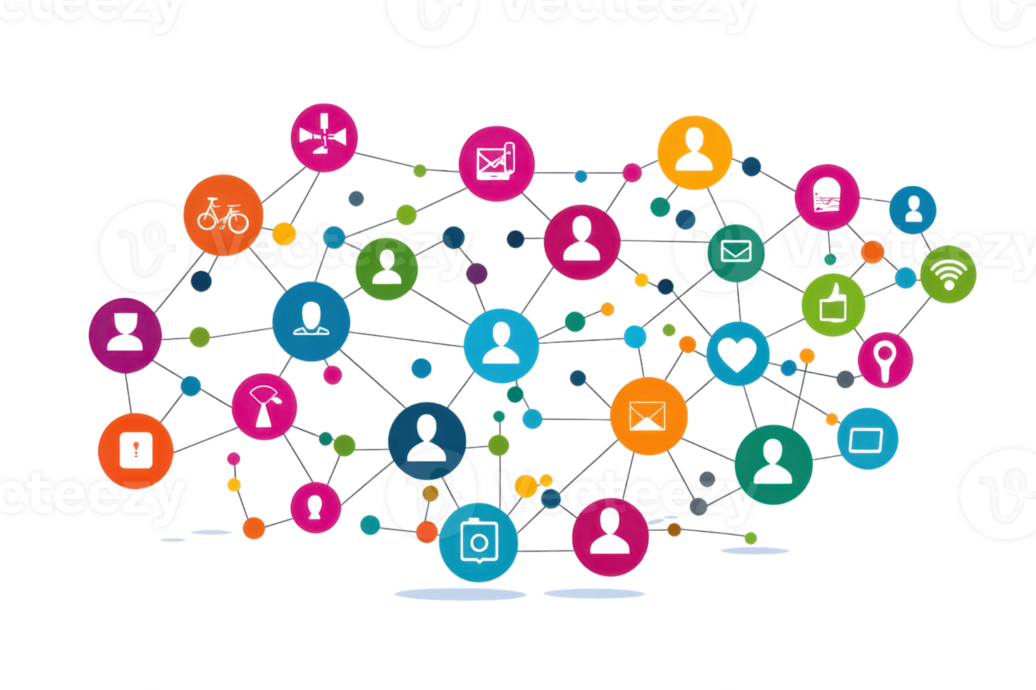Colorful network of interconnected icons representing social media and communication, depicting online interaction and connectivity. png
