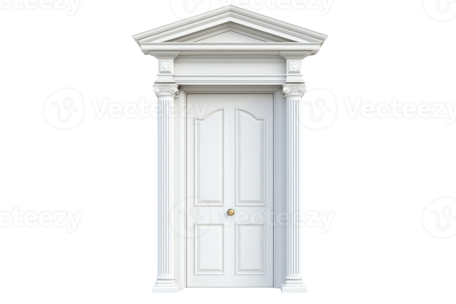 Elegant closed white classical door with columns and pediment isolated on transparent background. architectural detail of entrance. png