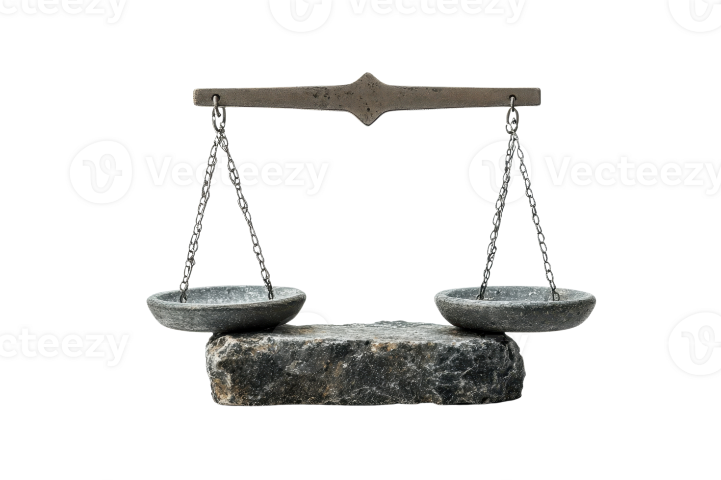 Vintage metal balance scale on a stone base, isolated on transparent background. Symbol of justice, fairness, and equilibrium. png