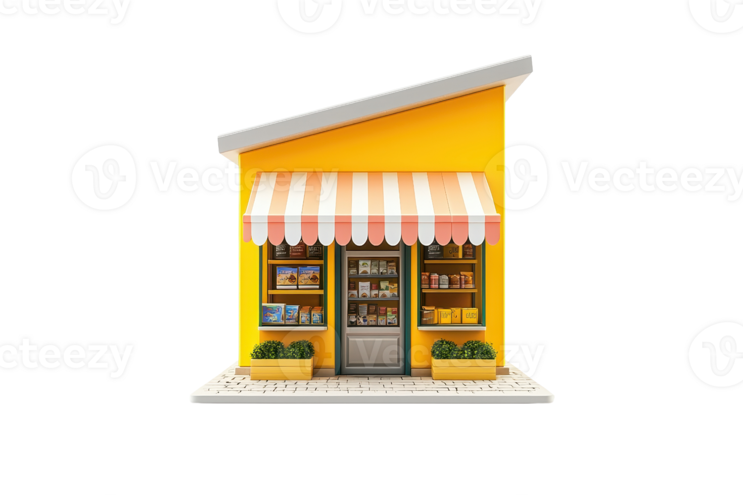 Charming small shop with a yellow exterior and striped awning, showcasing various products in the display window. png