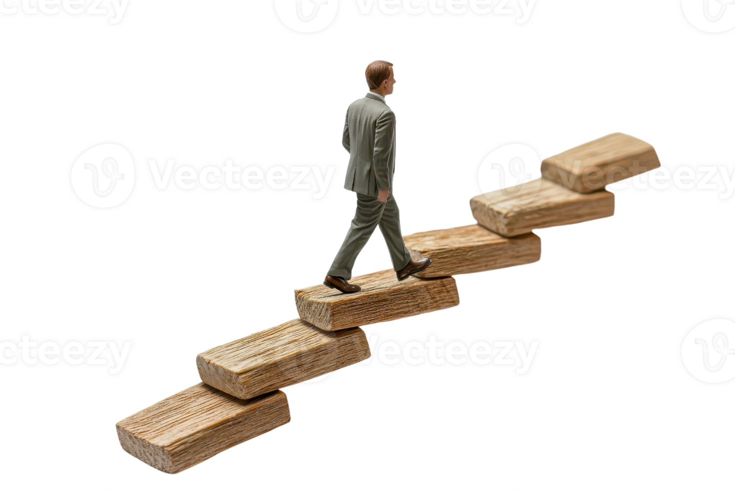 Businessperson in a suit climbing wooden steps, representing career growth and success. Isolated on a transparent background. png