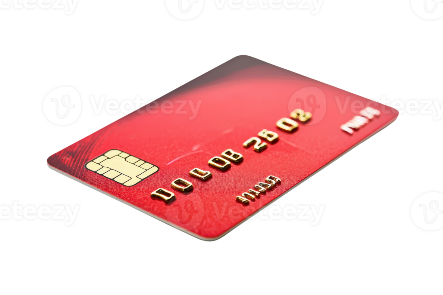 Close-up of a red credit card with an embedded chip, showing card details against a transparent background. perfect for finance and payment concepts. png