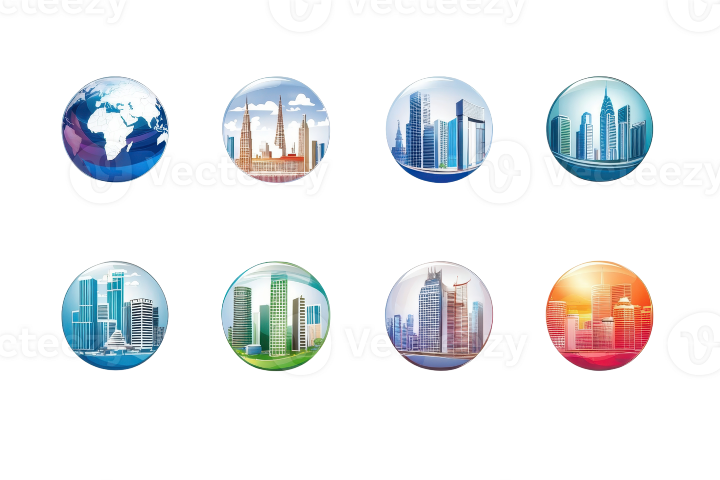 Colorful globe icons showcasing various modern city skylines in different regions. Vibrant and unique representations of global cities. png