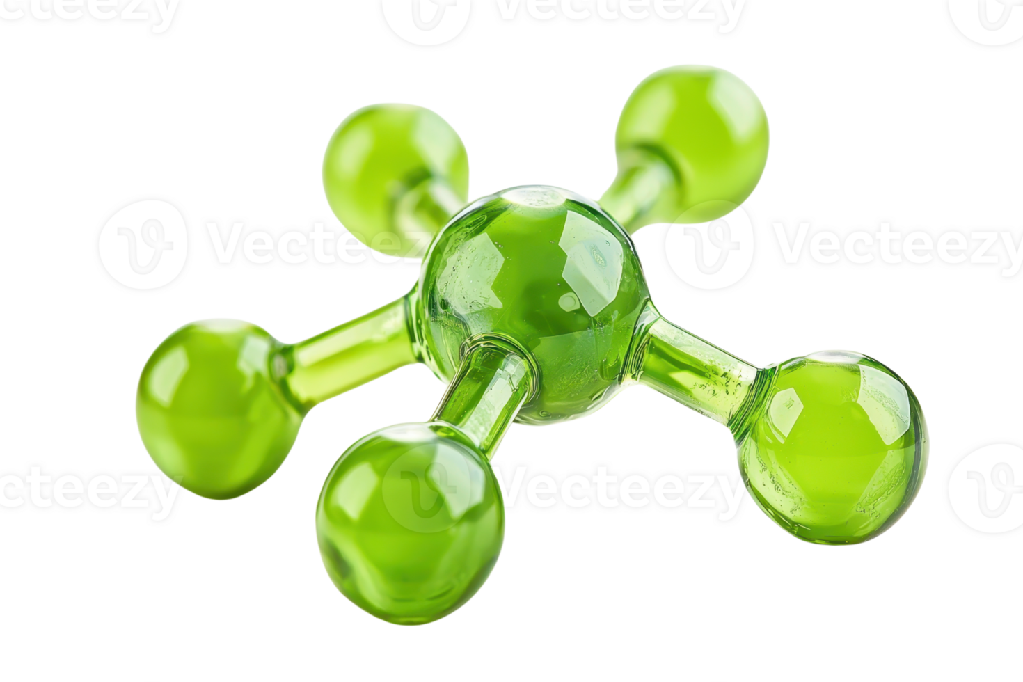 Green molecular model with multiple bonds, isolated on a transparent background. symbolizing chemistry, science, and molecular structure. png