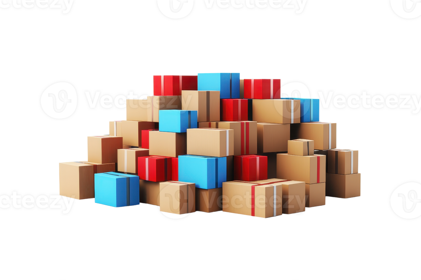 Pile of various colorful packages in different sizes on a transparent background. Concept of shipping, delivery, and e-commerce logistics. png