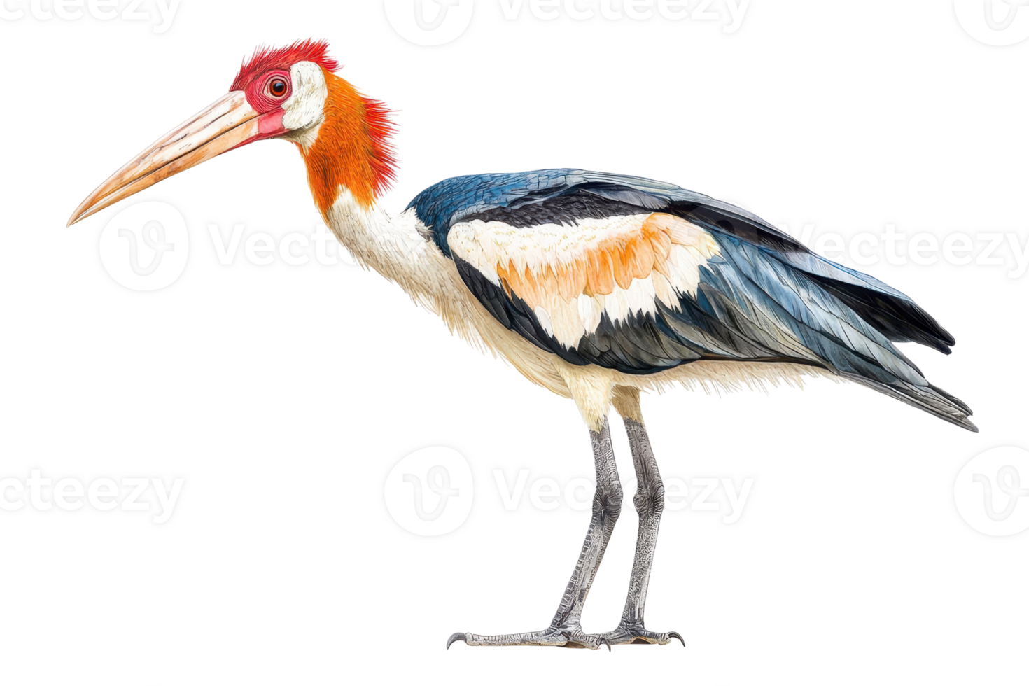 Majestic painted stork bird with vibrant plumage standing tall, isolated on a transparent background. perfect for wildlife and nature photography. png