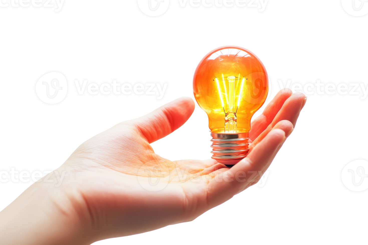 Hand holding a glowing incandescent light bulb symbolizing creativity, innovation, and bright ideas on a transparent background. png