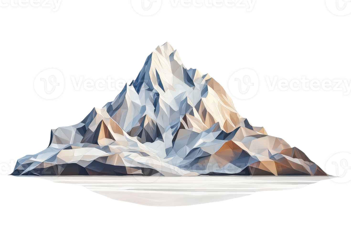 Low poly geometric illustration of a mountain with snowy peaks and sharp edges, isolated on transparent background. png