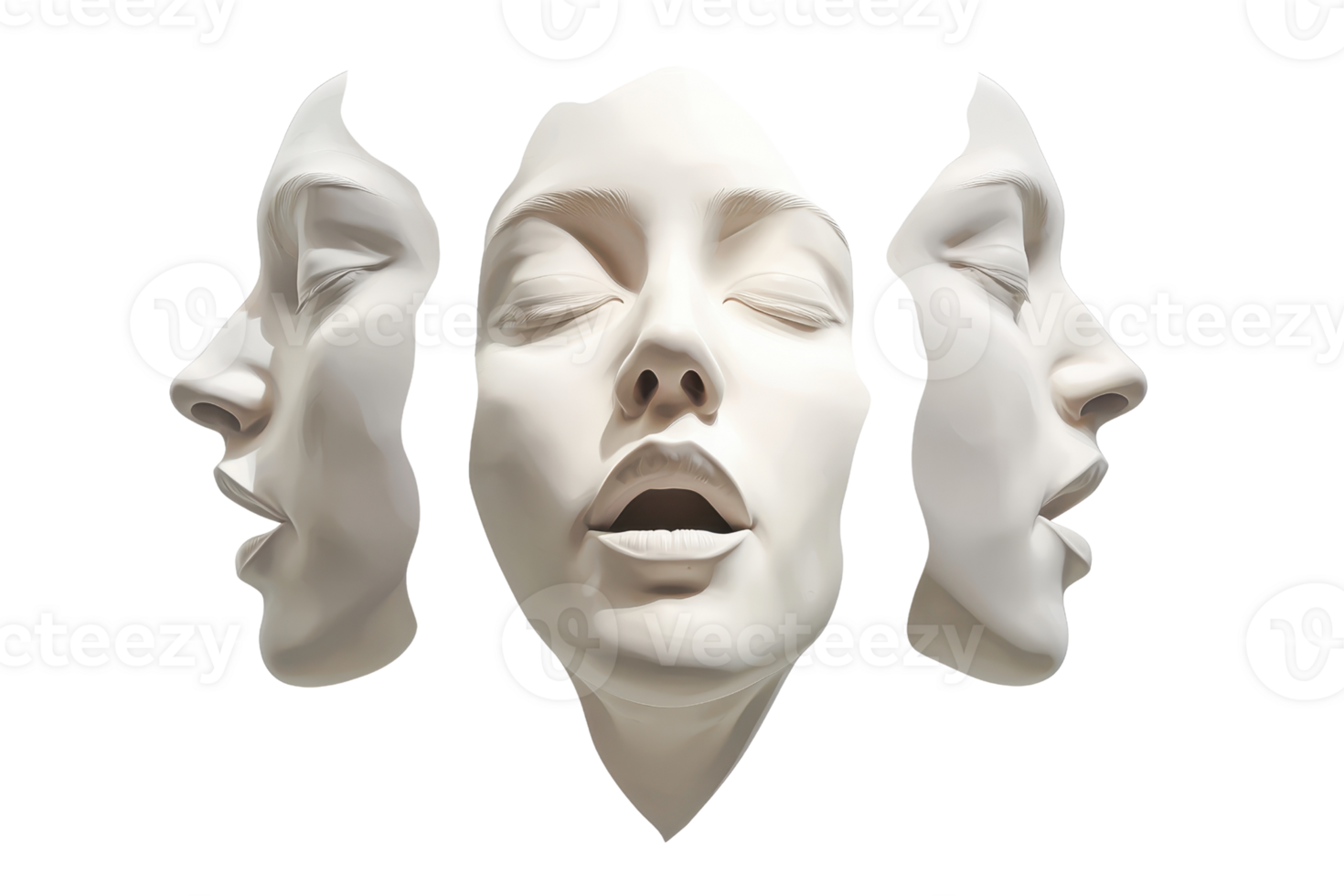 Abstract 3D rendering of a woman's facial expressions, capturing various emotions and perspectives in a modern, artistic style. png
