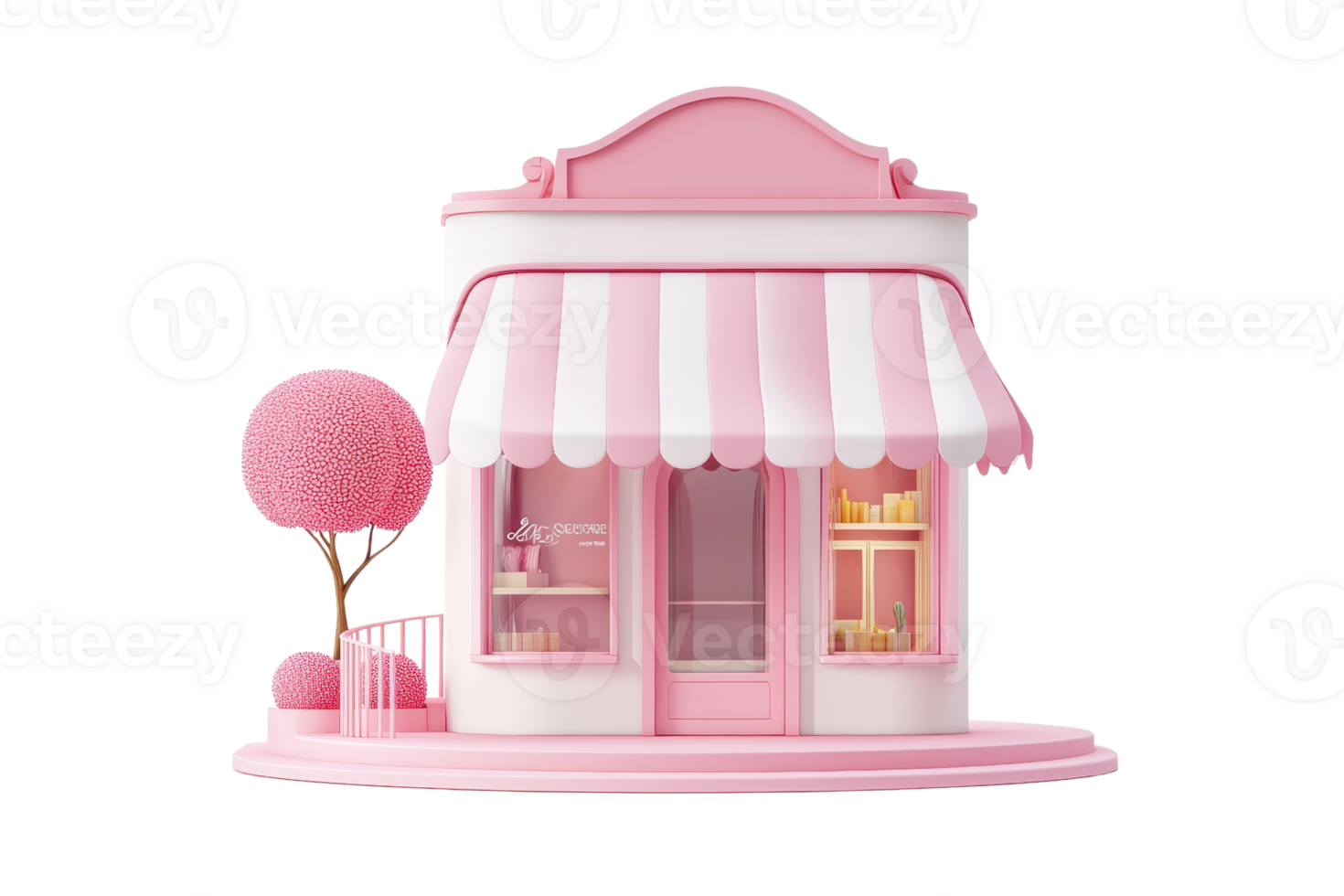 Charming pink storefront illustration with candy-striped awning, perfect for bakery, cafe, or shop-themed projects. png