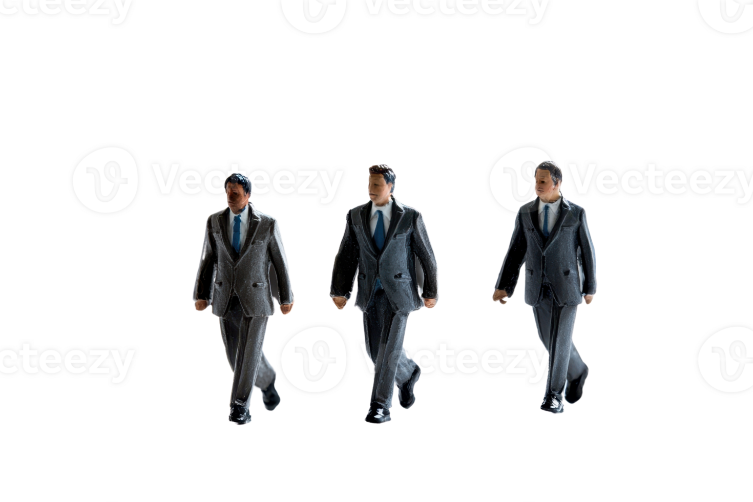 Miniature figurines of three businessmen in suits walking against a transparent background. representing teamwork and business collaboration. png