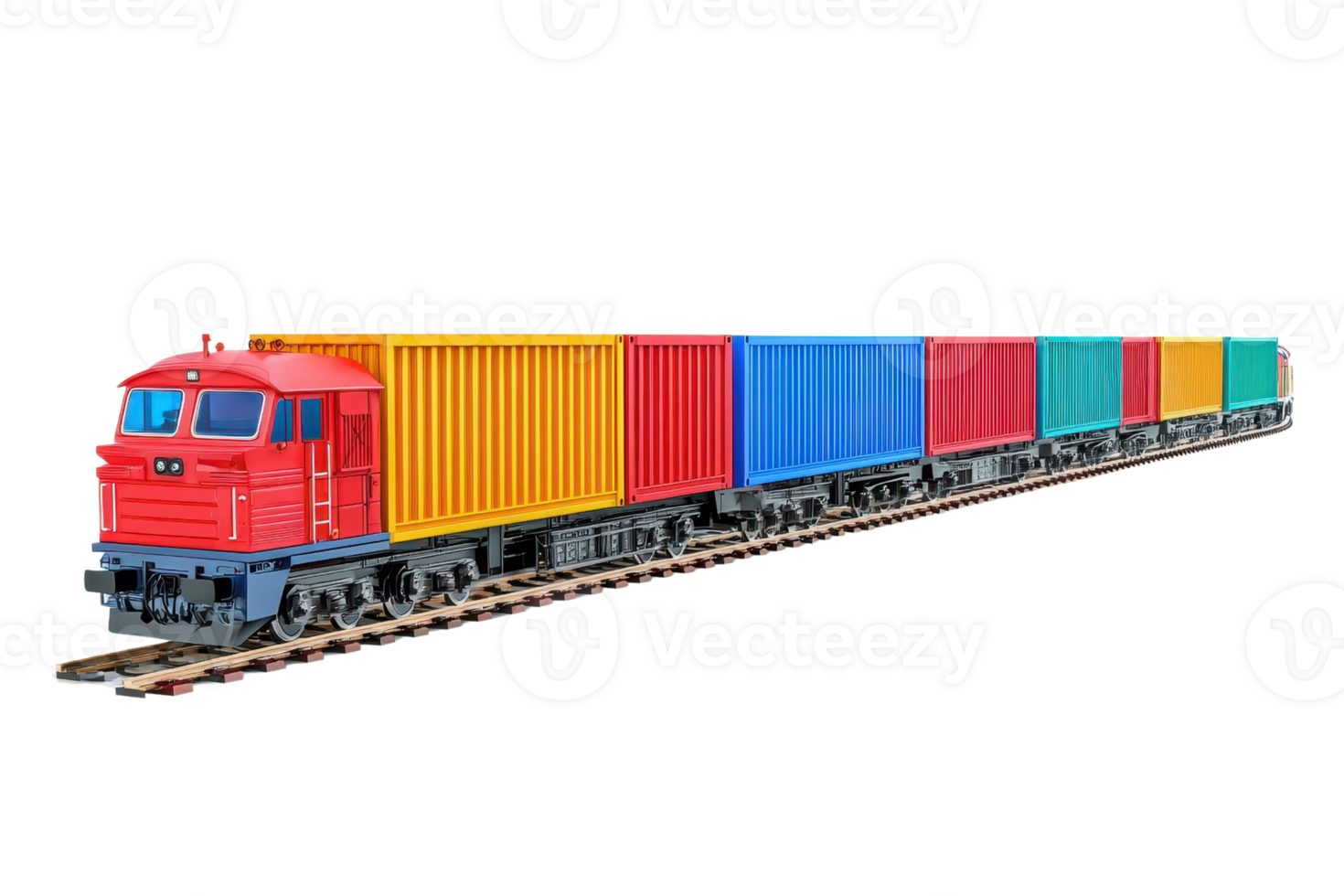Colorful freight train with cargo containers on tracks, isolated on transparent background. showcasing transportation and logistics concept. png