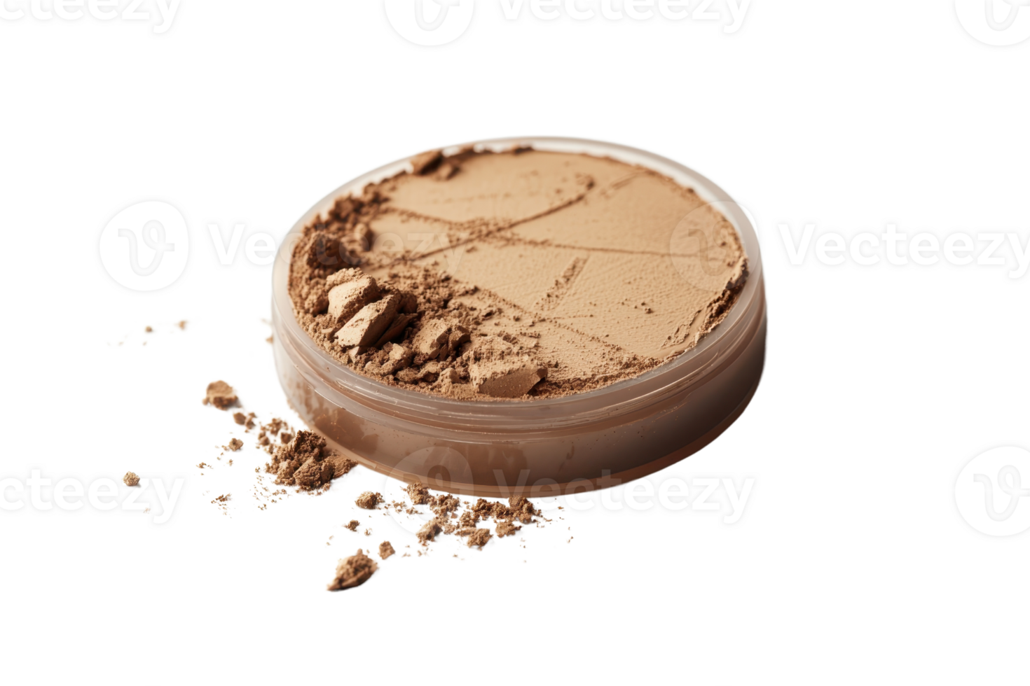 Close-up shot of a broken face powder in a container, isolated on a transparent background. highlighting makeup and cosmetics. png