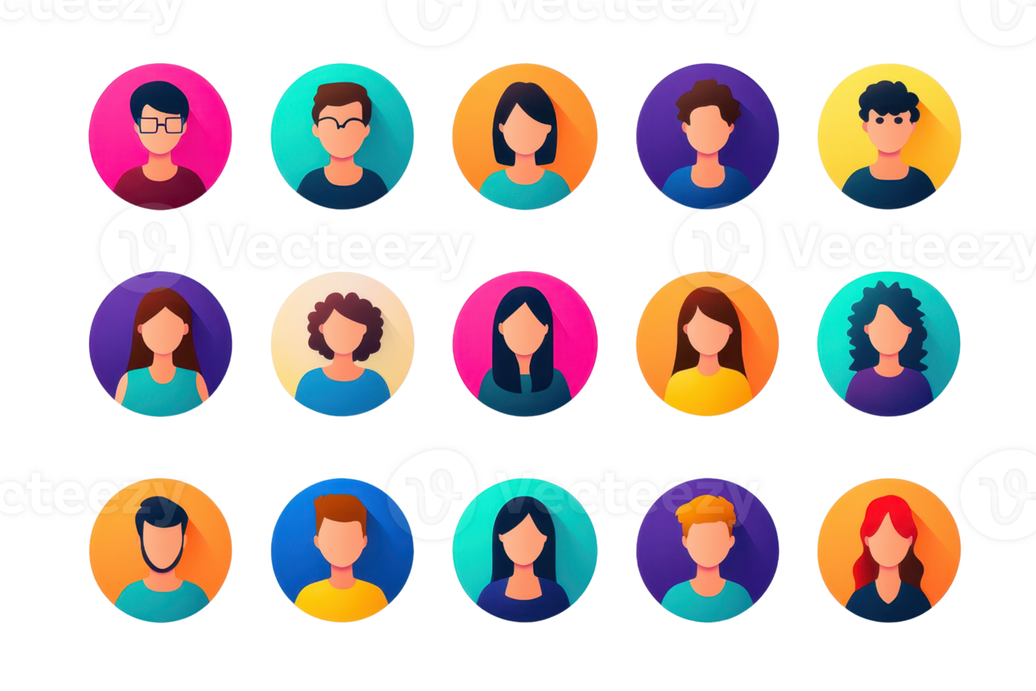 A collection of colorful avatar icons representing diverse people, ideal for social media profiles, user interfaces, and online communities. png