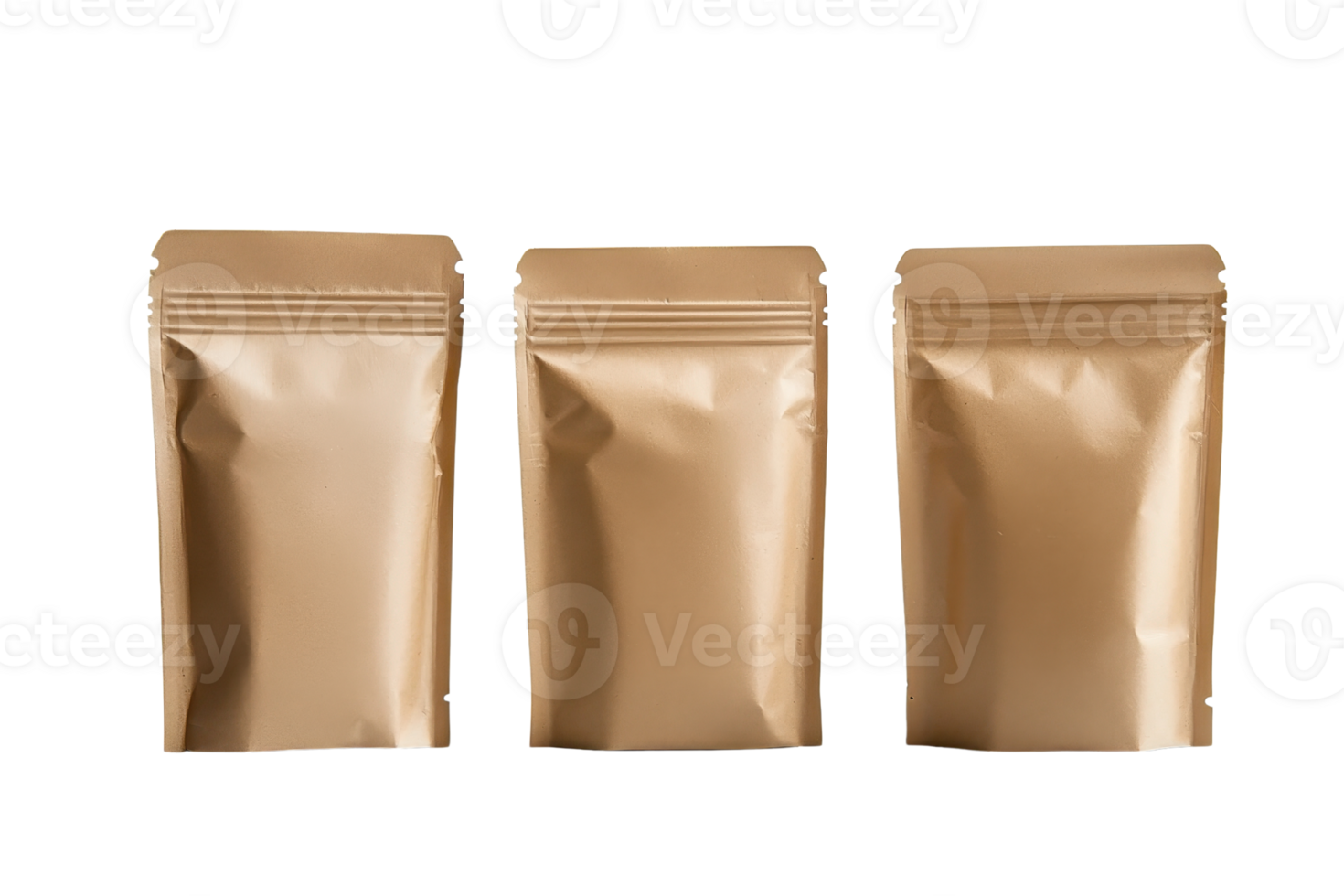 Three brown stand-up pouch bags for packaging, isolated on transparent background. Ideal for food and product storage. png
