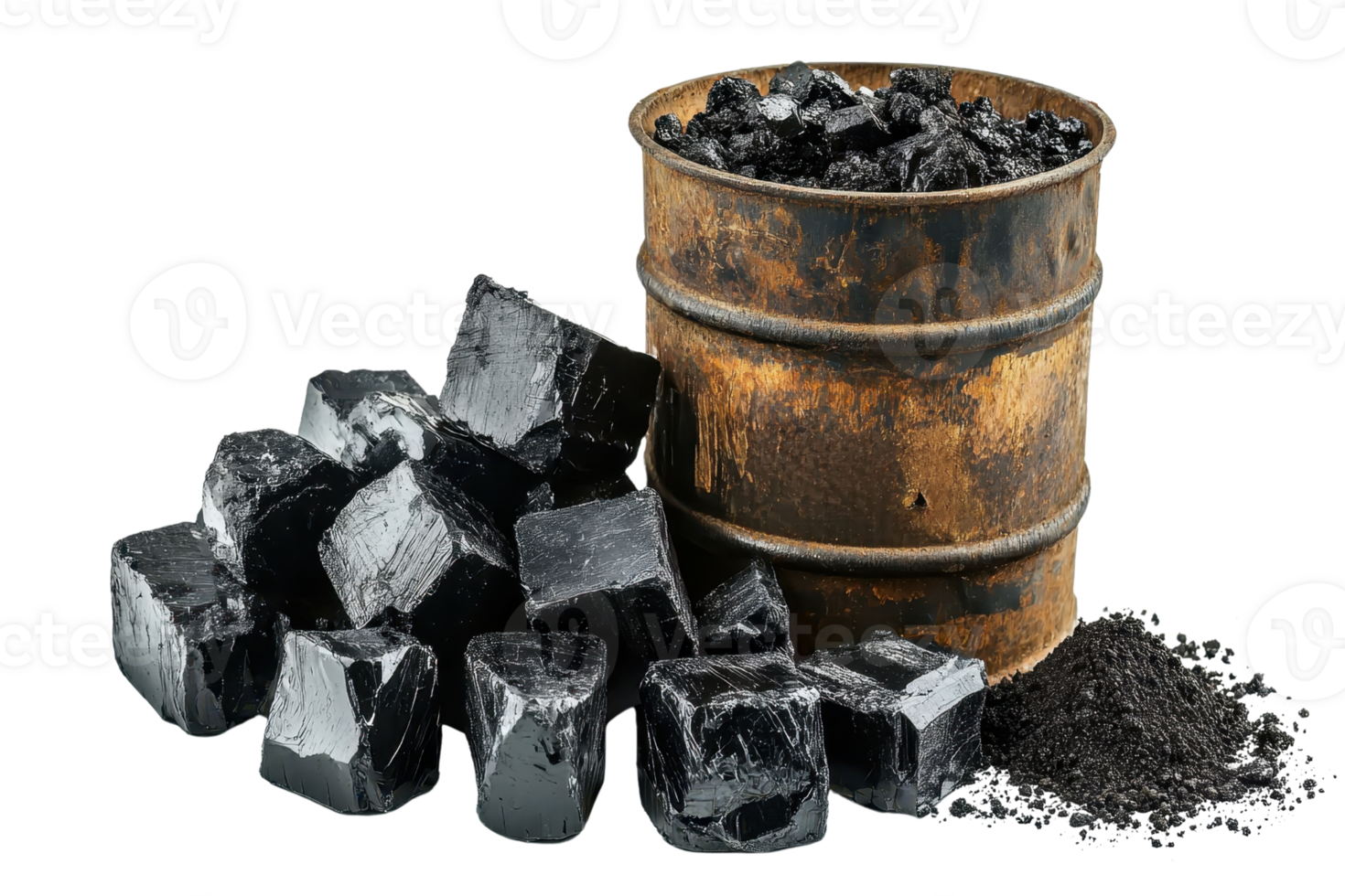 Rusty barrel filled with coal next to a pile of coal chunks and coal dust on a transparent background. png
