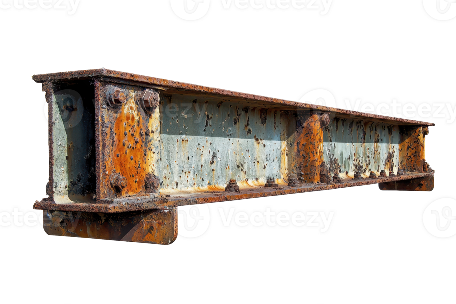 Rusty and worn steel I-beam isolated on transparent background. showcasing industrial and weathered texture, ideal for construction and engineering themes. png
