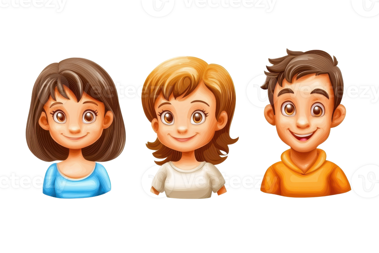 Cartoon illustration of three happy, smiling characters two women and one man. Perfect for avatars, animations, and digital art projects. png