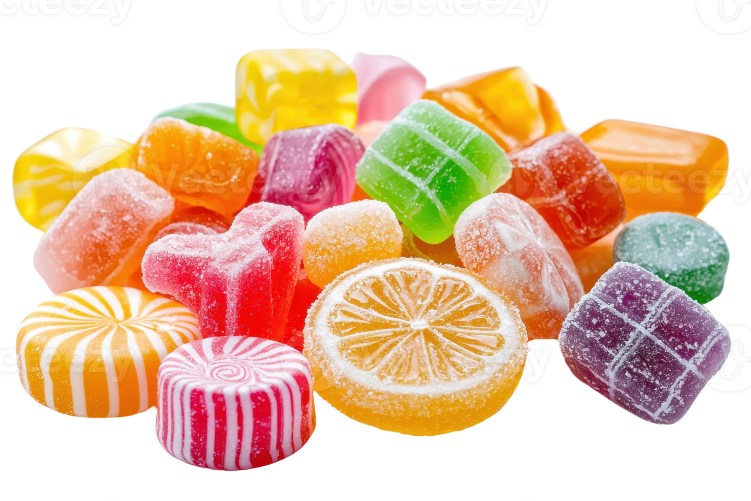 A vibrant assortment of colorful hard candies in various shapes and sizes, perfect for adding a sweet touch to your design projects. png