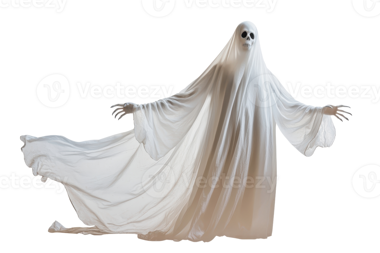 A spooky, ghostly figure draped in a white flowing sheet, perfect for Halloween-themed designs and decorations. png