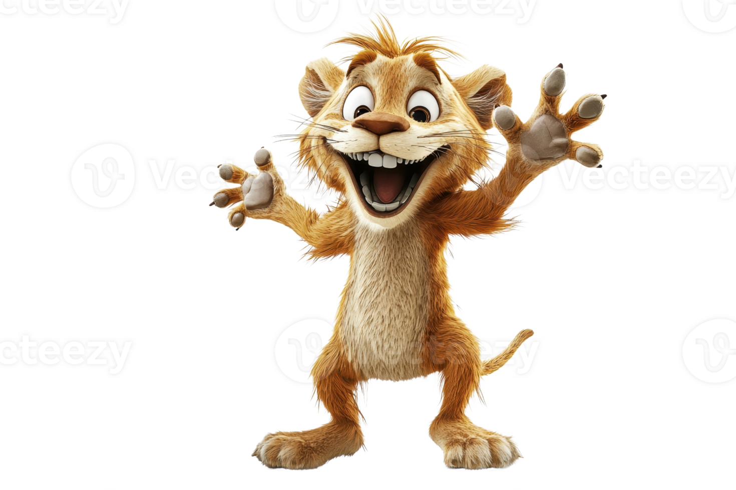 Cheerful animated lion cub with open arms and wide smile isolated on transparent background. Ideal for children's content and graphics. png