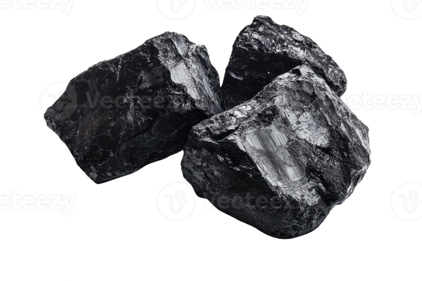 Close-up image of three shiny black coal rocks, commonly used for energy production and industrial applications. png