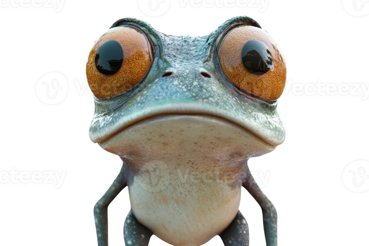 Close-up of a cartoon frog with large eyes and a curious expression, perfect for whimsical and imaginative stock photos. png