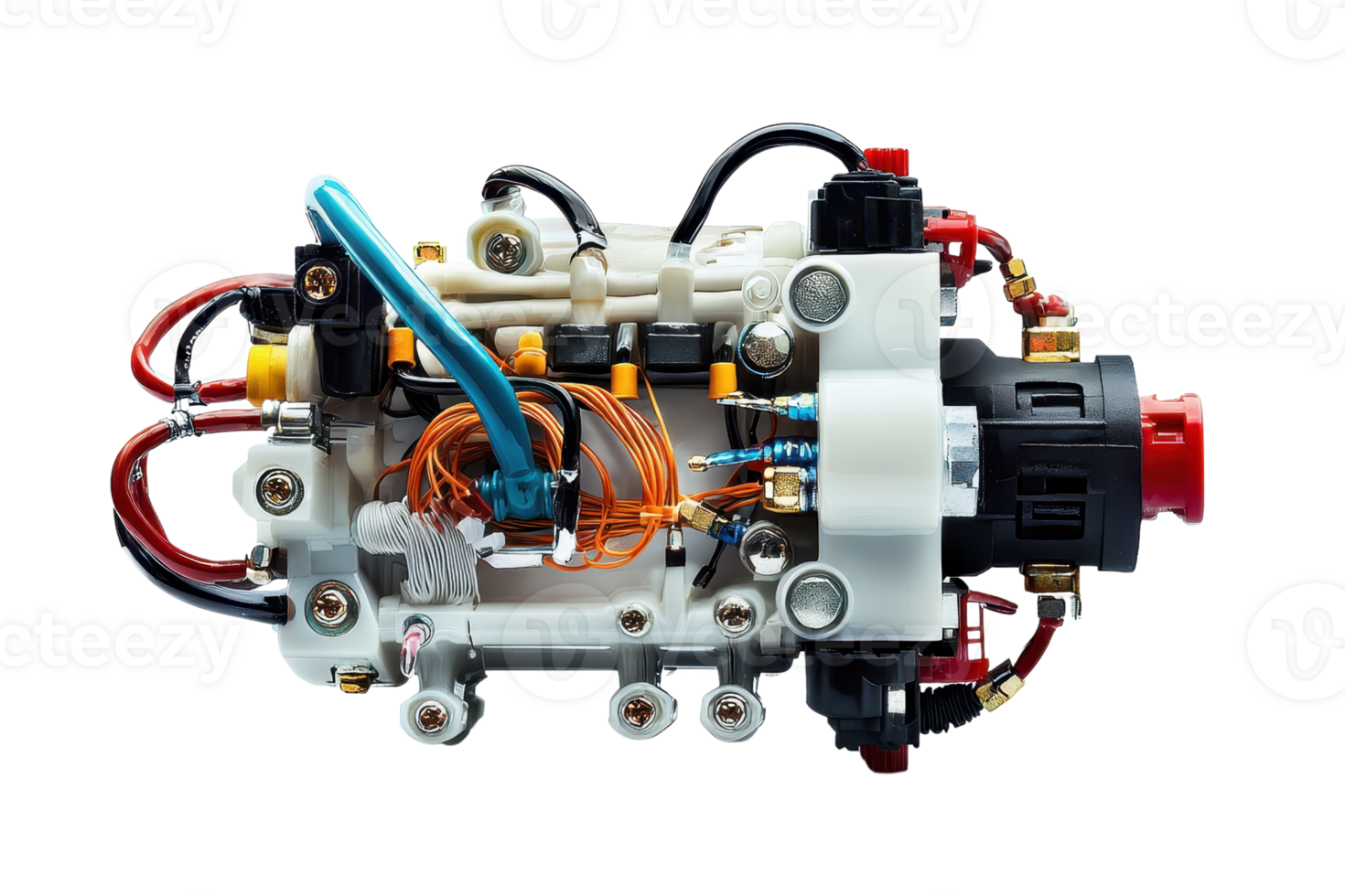 Close-up of a complex mechanical part with visible wiring and components, isolated on a transparent background. png