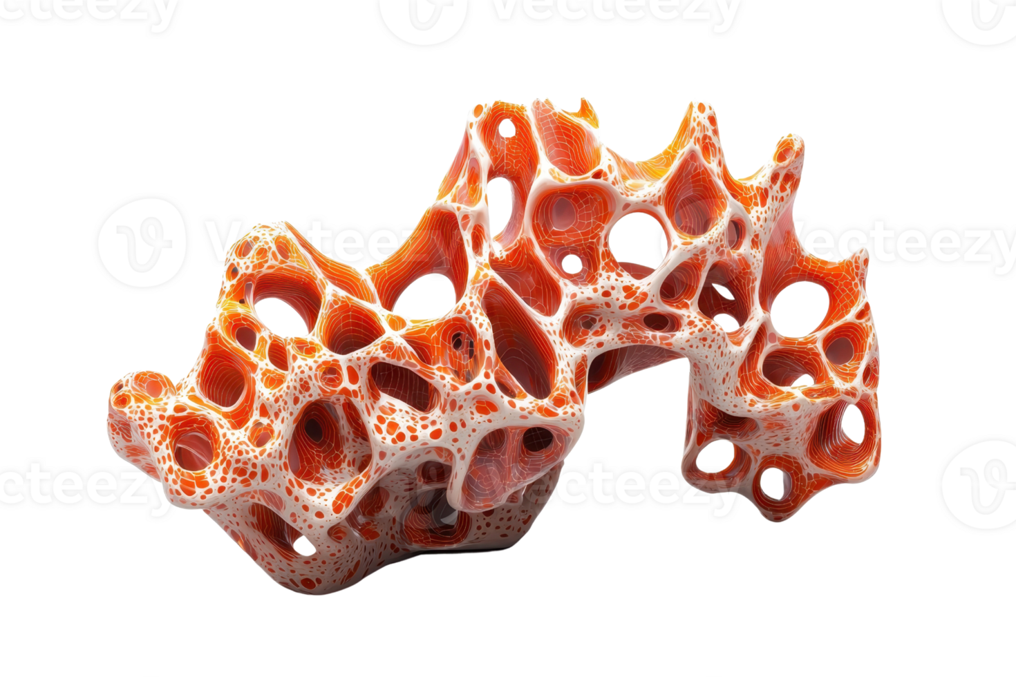 Close-up of a vibrant orange coral specimen, showcasing intricate natural patterns, isolated on a transparent background. png