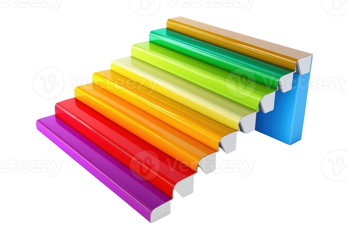 Colorful rainbow staircase made of books in gradient hues, isolated on transparent background. Concept of education, learning, and creativity. png