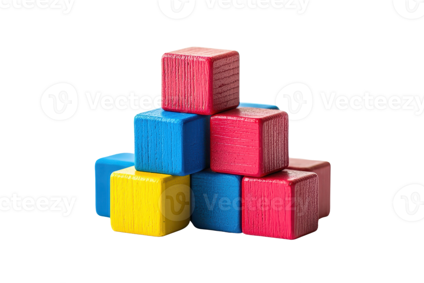 Colorful wooden blocks arranged in a pyramid shape. Blue, red, yellow toys ideal for children's learning and creativity. png