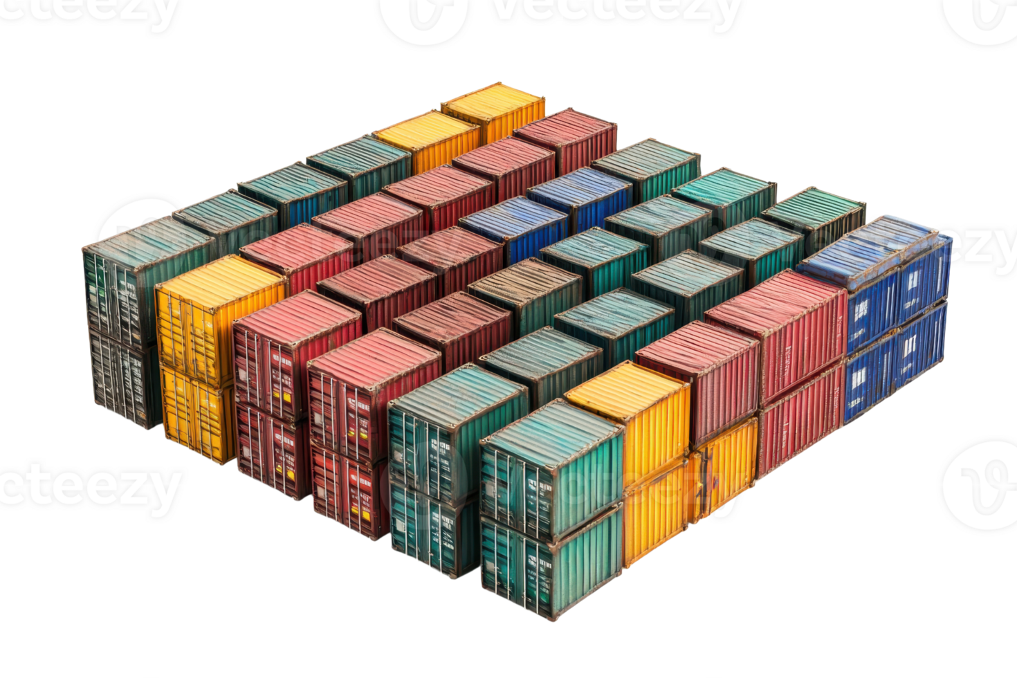 Colorful shipping containers stacked in rows, isolated on a transparent background. representing global trade and logistics. png