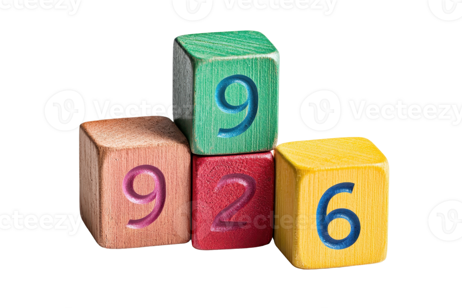 Colorful wooden number blocks arranged in a pyramid on a transparent background. Perfect for educational and playful concepts. png