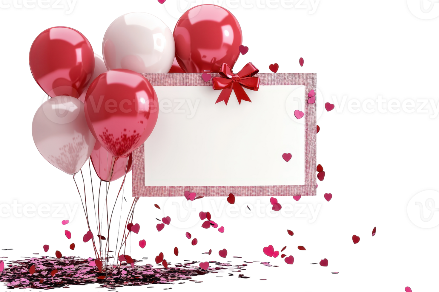 Decorative red and white balloons with heart-shaped confetti and blank card, perfect for Valentine's Day, weddings, and romantic celebrations. png