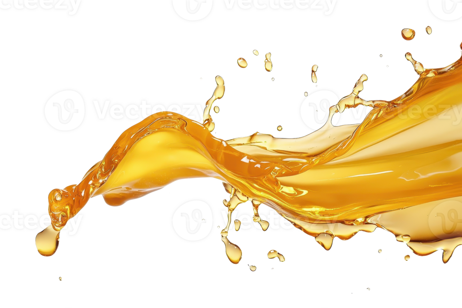 Dynamic splash of golden liquid with splatters, isolated on a transparent background. High-definition capture showcasing fluid movement and vibrant colors. png