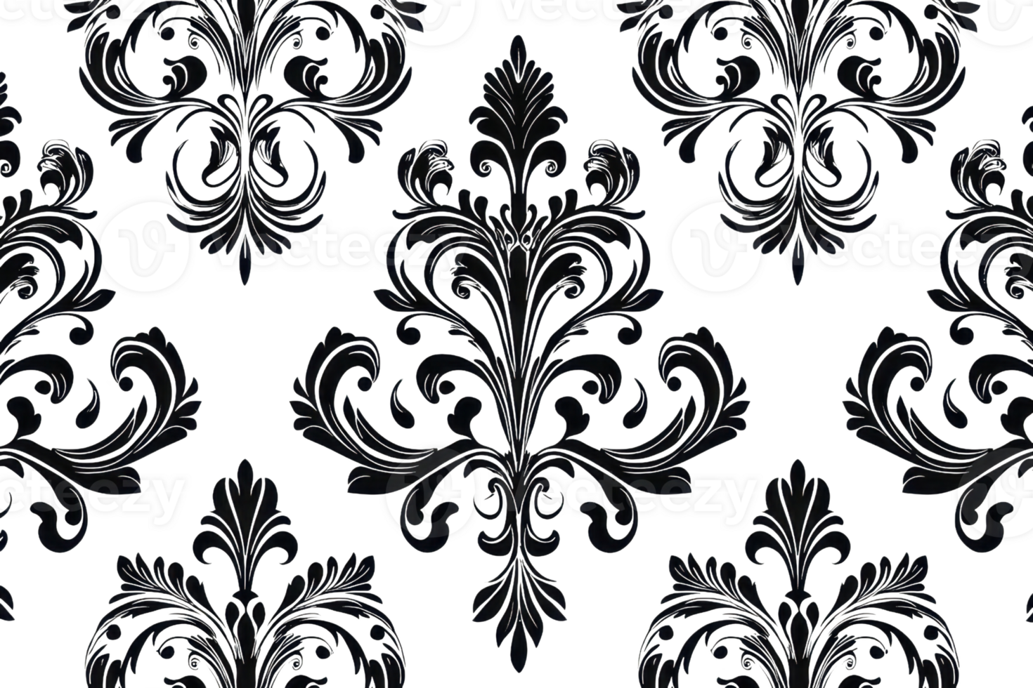 Elegant black floral damask pattern on transparent background perfect for textile, wallpaper, and decorative design projects. png
