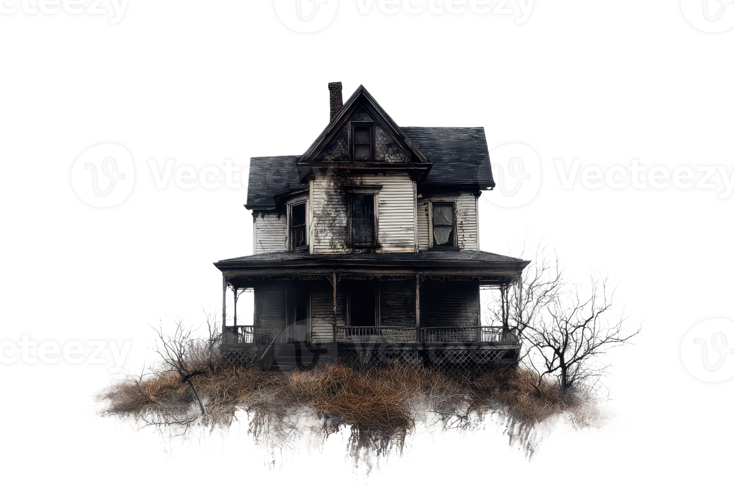 Eerie abandoned house with decaying exterior, surrounded by barren trees. Perfect for Halloween or haunted themes. png